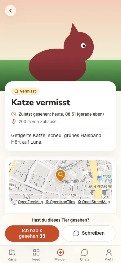 Meldung einer vermissten Katze mit den Buttons Ich hab's gesehen und Schreiben