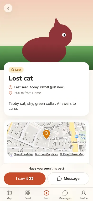 A lost cat post with the I saw it and Message buttons